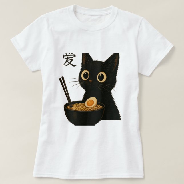 Cute Black Cat Enjoying Ramen – Funny and Adorable T-Shirt (Design Front)