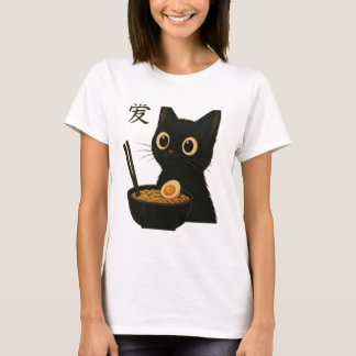 Cute Black Cat Enjoying Ramen – Funny and Adorable T-Shirt