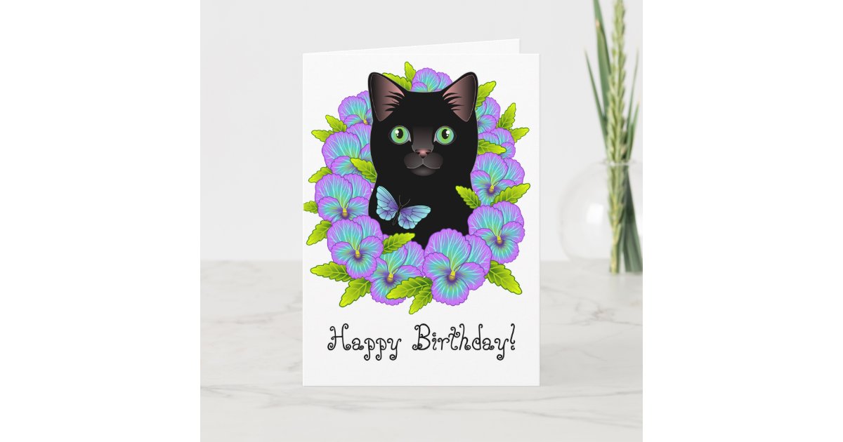 Cute Black Cat Floral Magic Happy Birthday card | Zazzle
