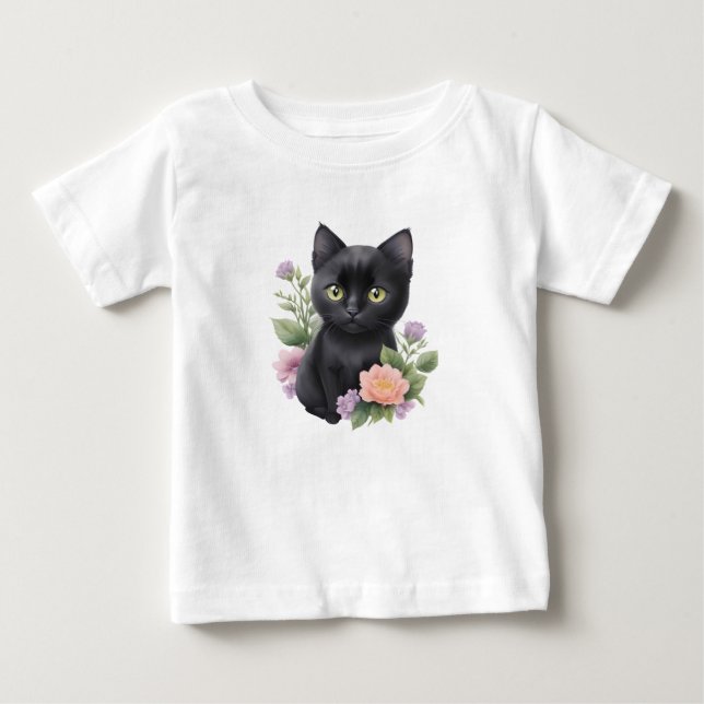 Cute Black Cat Floral Whimsical  Baby T-Shirt (Front)