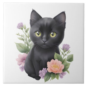 Cute Black Cat Floral Whimsical  Ceramic Tile