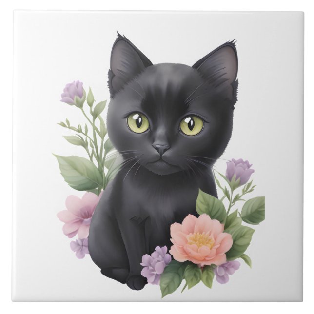 Cute Black Cat Floral Whimsical  Ceramic Tile (Front)