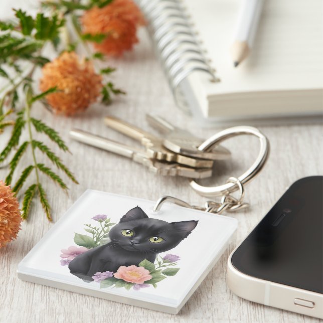 Cute Black Cat Floral Whimsical  Keychain (Front Right)