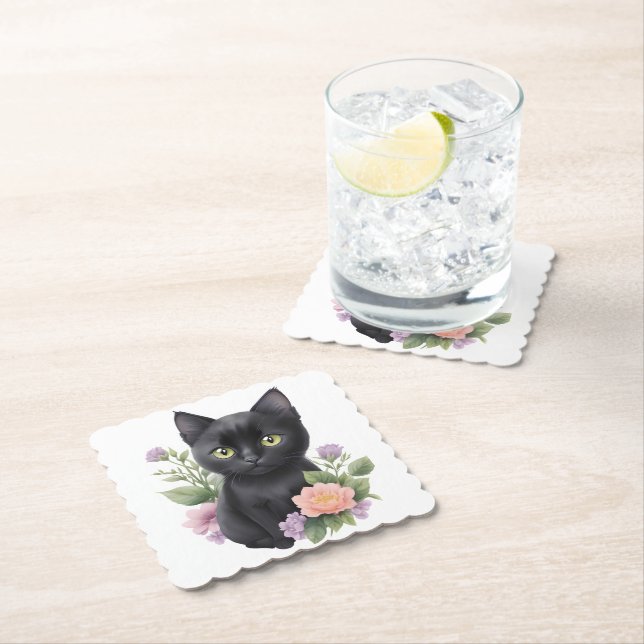 Cute Black Cat Floral Whimsical  Paper Coaster (Insitu)