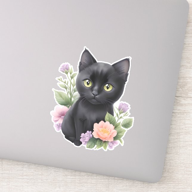 Cute Black Cat Floral Whimsical  Sticker (Detail)