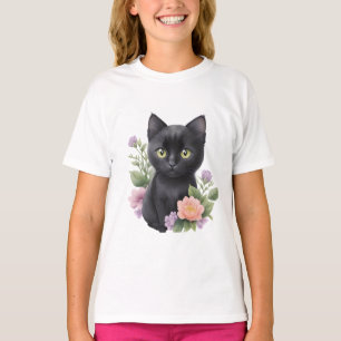 Cute Black Cat Floral Whimsical T-Shirt