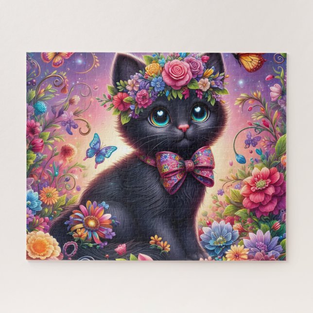 Cute Black Cat Flower Garden Jigsaw Puzzle (Horizontal)