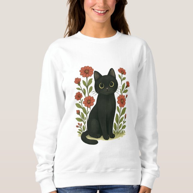Cute Black Cat & Flower Garden Women’s sweatshirt (Front)