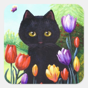Cute Black Cat Flowers Tulips Creationarts Square Sticker by Creationarts at Zazzle