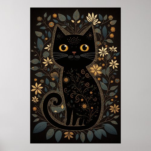 Cute Black Cat Folk Art Style Print Downloadable 