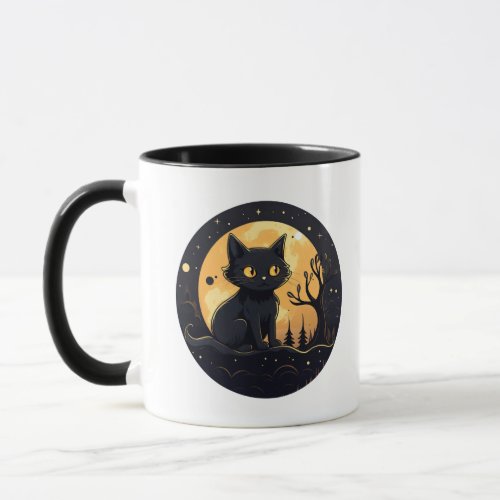 Cute Black Cat Full Moon Modern Halloween Mug