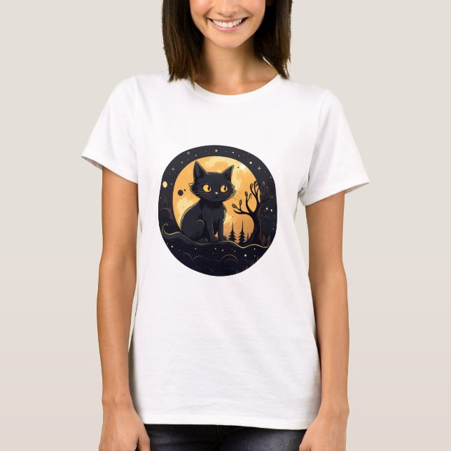 Cute Black Cat Full Moon Modern Halloween T-Shirt (Front)