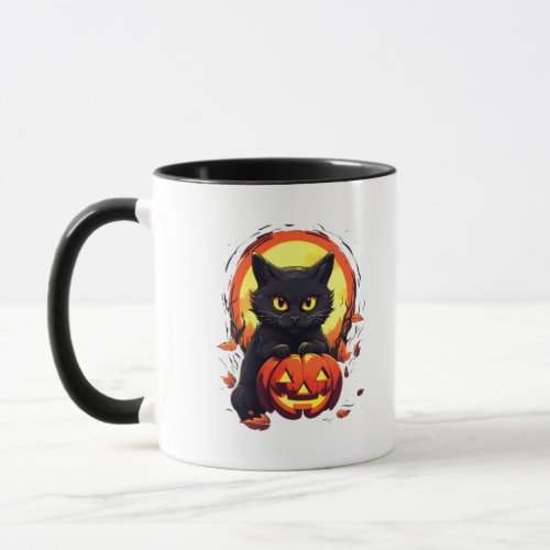 Cute Black Cat Full Moon Pumpkin Modern Halloween Mug