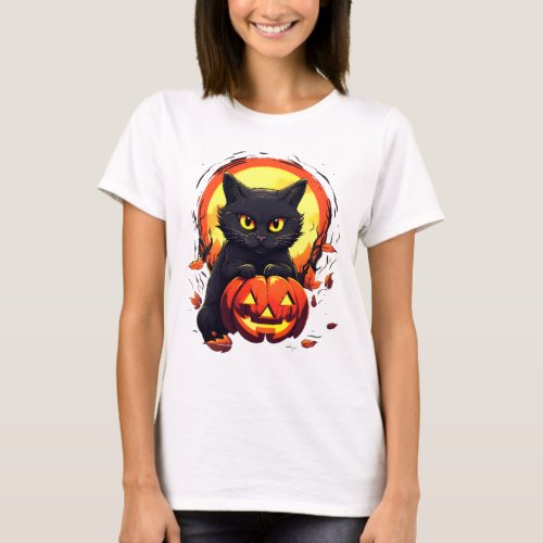 Cute Black Cat Full Moon Pumpkin Modern Halloween T_Shirt