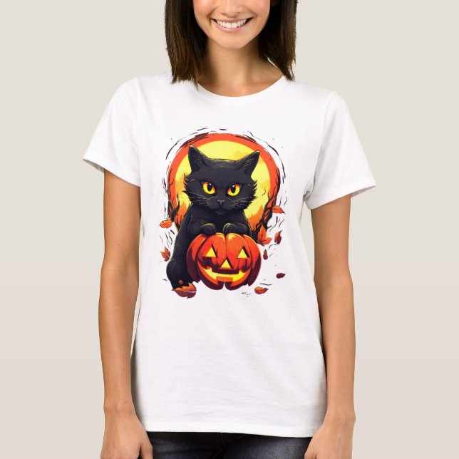 Cute Black Cat Full Moon Pumpkin Modern Halloween T-Shirt (Front)