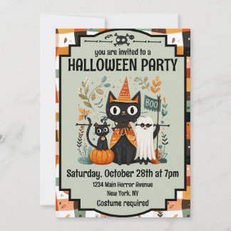 Cute Black Cat & Ghost Halloween Boo Invitation