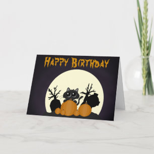 Cute Black Cat Graveyard Halloween Birthday Card