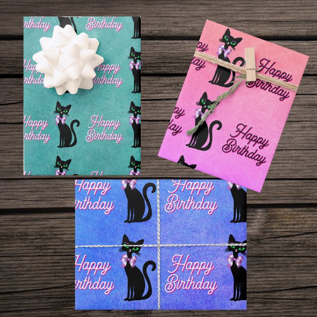 Cute Black Cat Green Eyes Bow Happy Birthday Wrapping Paper Sheets (Cute black cats green eyes pink bows on Happy Birthday wrapping paper sheets in various colours.)