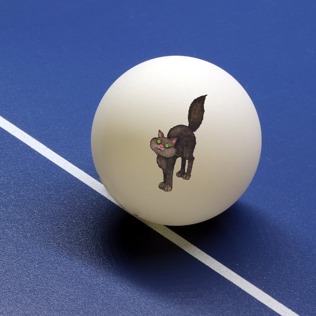 Cute Black Cat Green Eyes Ping-Pong Ball (Cute black cat with arched back bushy tail and green eyes on ping pong balls.)