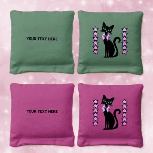 Cute Black Cat Green Eyes Wearing Bow Pink Stars Cornhole Bags