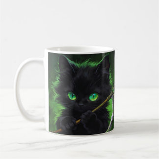 Cute Black Cat Grim Reaper Green Eyes Halloween Coffee Mug