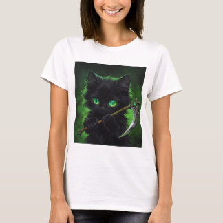 Cute Black Cat Grim Reaper Green Eyes Halloween T-Shirt