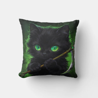 Cute Black Cat Grim Reaper Green Eyes Halloween Throw Pillow