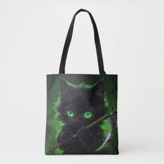 Cute Black Cat Grim Reaper Green Eyes Halloween Tote Bag