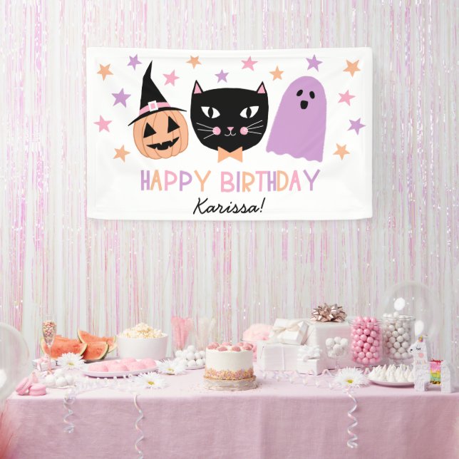 Cute Black Cat Halloween Birthday Name Banner (Party)