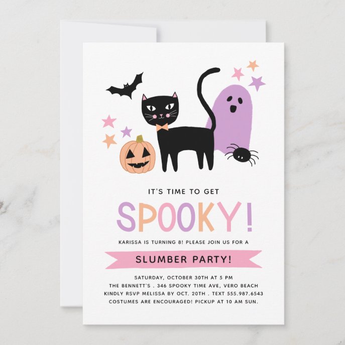 Cute Black Cat Halloween Birthday Slumber Party Invitation