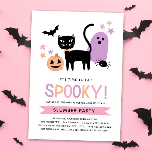 Cute Black Cat Halloween Birthday Slumber Party Invitation