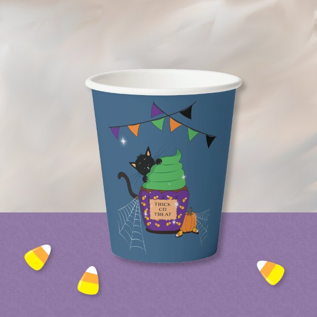 Cute Black Cat Halloween Blue Paper Cup (Sweet blue Halloween paper cup with a black cat . )