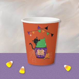 Cute Black Cat Halloween Orange Paper Cup