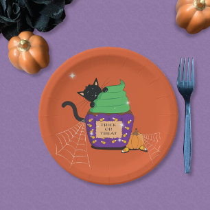 Cute Black Cat Halloween Orange Paper Plate