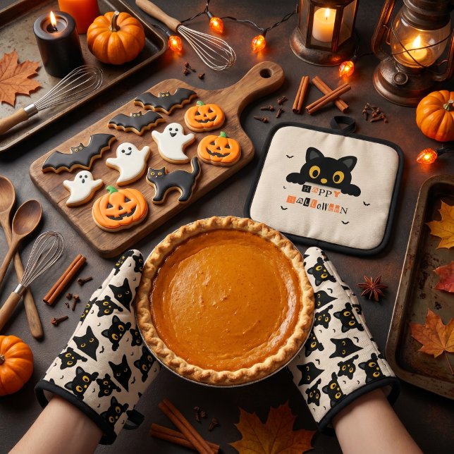 Cute Black Cat Halloween Oven Mitt & Pot Holder Set (Creator Uploaded)