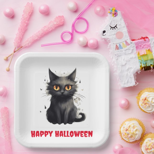 Cute Black Cat Halloween  Paper Plates (Party)