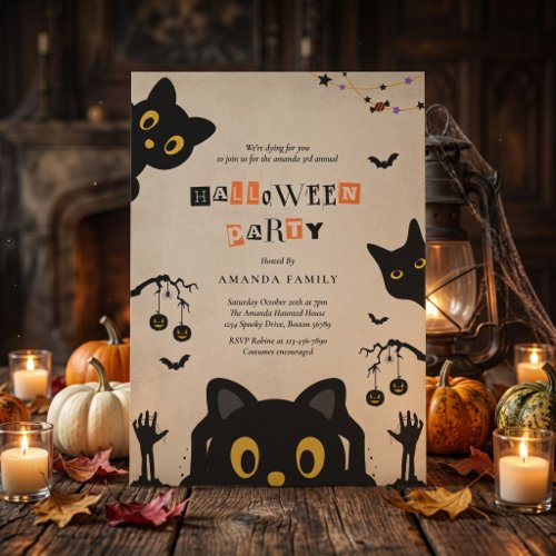 Cute Black Cat Halloween Party Invitation