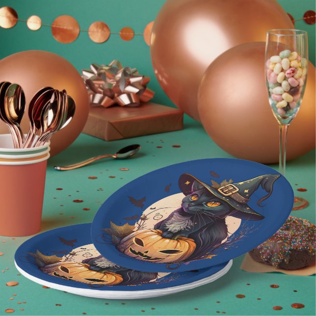 Cute Black Cat Halloween Party Invitation Paper Plates (Multi)