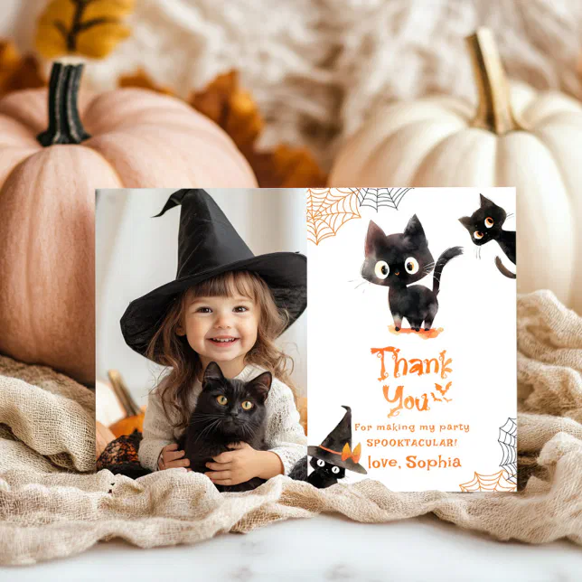 Cute Black cat Halloween party photo thank you Invitation | Zazzle