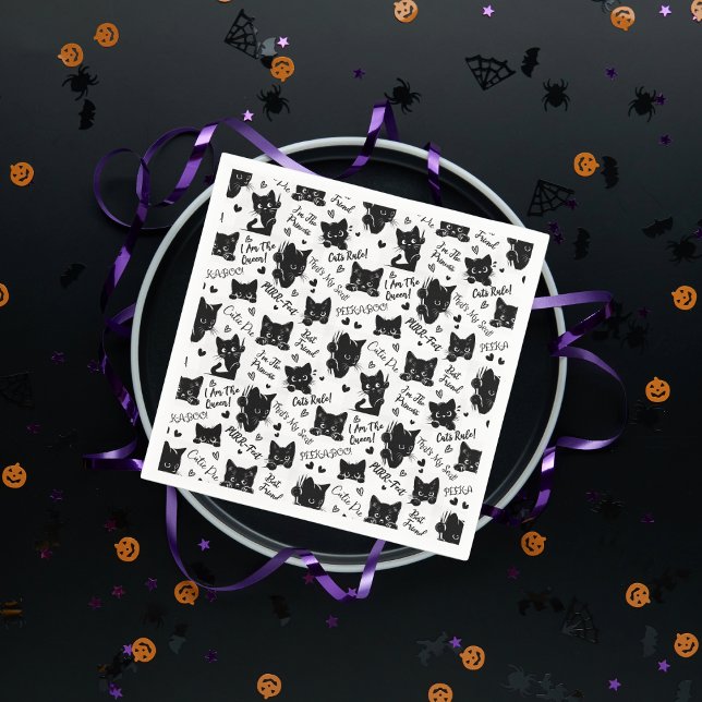 Cute Black Cat Halloween Pattern for Cat Lovers Napkins (Cute Black Cats and Sayings with Hearts Pattern  for Cat Lovers and Halloween Paper Napkins)