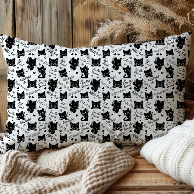 Cute Black Cat Halloween Pattern for Cat Lovers Pillow Case (Cute Black Cats and Sayings with Hearts Pattern  for Cat Lovers and Halloween Pillowcase)