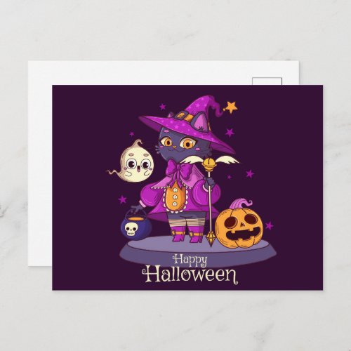 Cute Black Cat Halloween Postcard