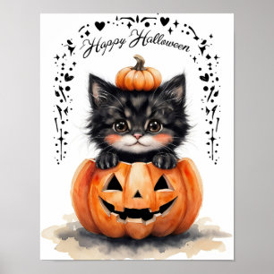 Cute Black Cat Halloween Poster Pumpkin Jack O L