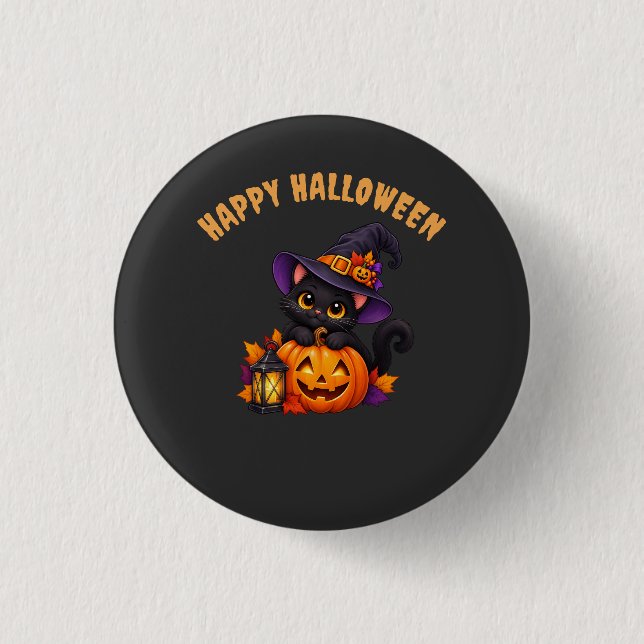 Cute Black Cat Halloween Pumpkin Witch Design Button (Front)