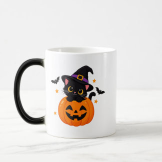 Cute Black Cat Halloween Pumpkin Witch Hat Coffee Color Morph Mug
