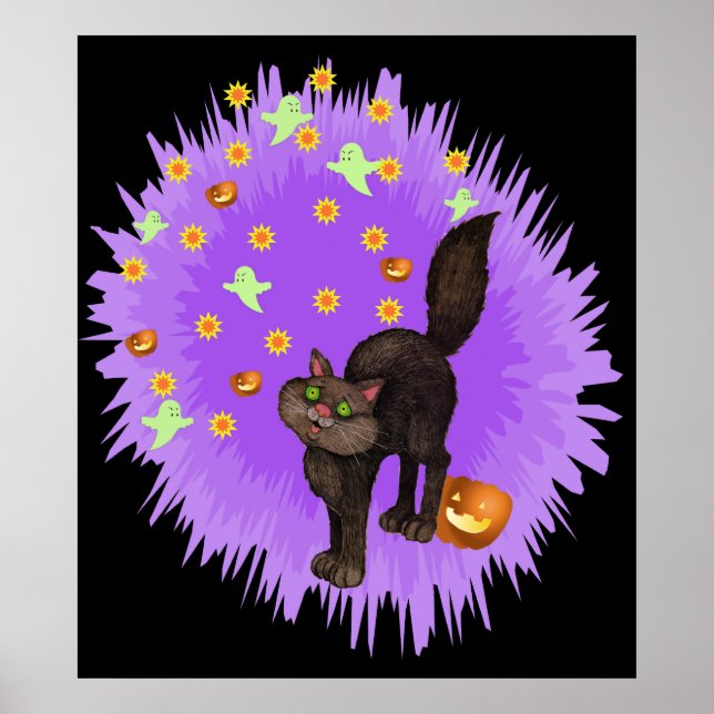 Cute Black Cat Halloween Purple Star Burst Poster (Front)