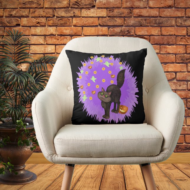 Cute Black Cat Halloween Stars Ghosts Pumpkins Throw Pillow (Halloween black cat purple starburst ghosts, stars pumpkins on black decorative pillow.)