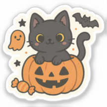 Cute Black Cat Halloween Sticker – Kawaii Pumpkin