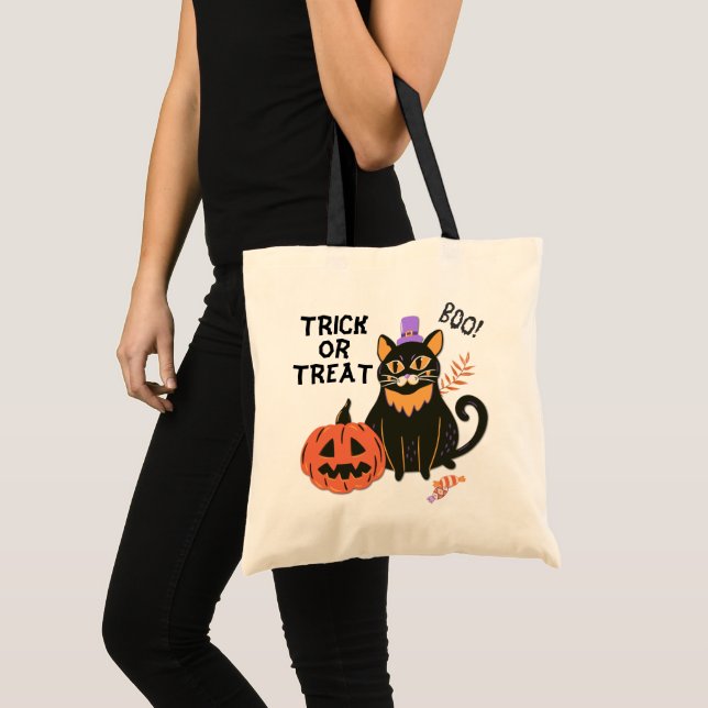 Cute Black Cat Halloween Trick or Treat Tote Bag (Front (Product))