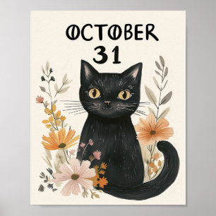 Cute Black Cat Halloween Watercolor Floral  Poster